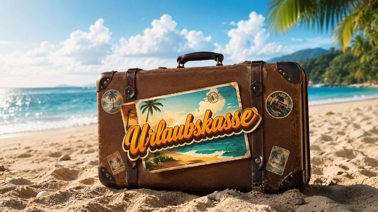 Koffer mit der Aufschrift "Urlaubskasse" am Strand