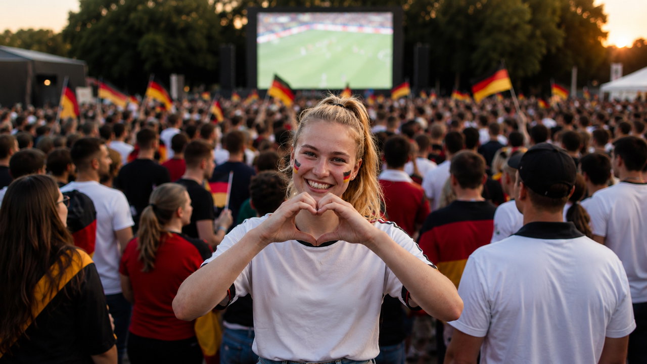 Frau macht mit ihren Händen eine Herzform beim Public Viewing