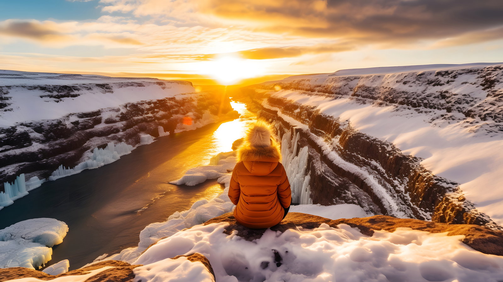 Eine Person sitzt im Schnee und schaut den Sonnenuntergang
